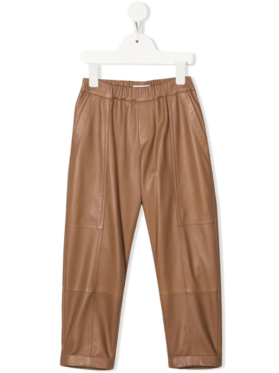 Brunello Cucinelli Kids' Mid-rise Leather Trousers In Brown