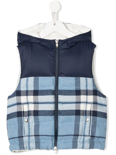 Brunello Cucinelli Kids' Plaid-check Print Hooded Gilet In Blue