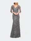 LA FEMME LA FEMME EXQUISITE LACE BEADED LONG GOWN WITH SHEER SLEEVES