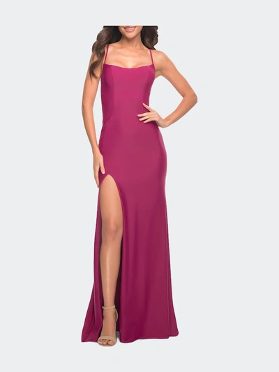 La Femme Long Prom Dress In Luxurious Jersey With Slit In Purple