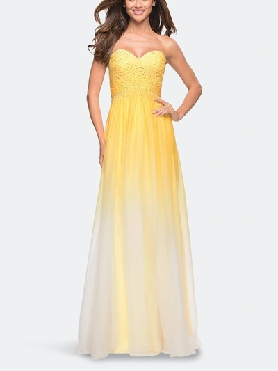 La Femme Ombre Chiffon Prom Dress With Criss Cross Pleating In Yellow