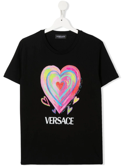 Versace Teen Heart-logo Print Cotton T-shirt In Black