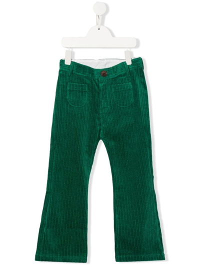 Mini Rodini Kids' Pine Green Flared Pants In Organic Cotton Ribbed Design