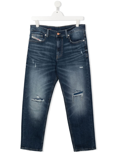 Diesel Kids' Straight Jeans With A Worn Effect In Blu