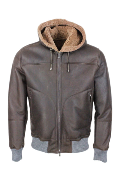 Barba Napoli Shearling Bomber Jacket With Hood With Drawstring And Trims In Stretch Knit And Zip Closure In Brown