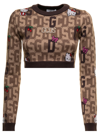 GCDS CROPPED SWEATER IN MIXED WOOL KNIT WITH LOGO PLATE, HELLO KITTY AND LOGO IN CONTRASTINGH JACQUARD GC
