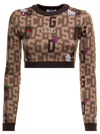 Gcds Cropped Sweater In Mixed Wool Knit With Logo Plate, Hello Kitty And Logo In Contrastingh Jacquard Gc In Brown