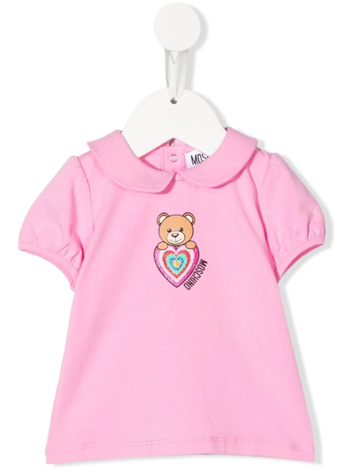 Moschino Babies' Logo-print Glitter Polo Shirt In Pink