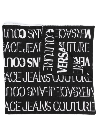 Versace Jeans Couture All-over Logo-print Knit Scarf In Black