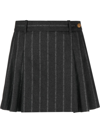 Versace Logo Pleated Pinstripe Wool Mini Skirt In Grey