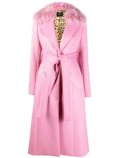 Blumarine Trimmed-collar Belted Long Coat In Pink