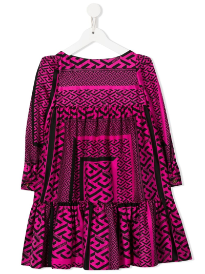 Versace Kids' La Greca Silk Peplum Dress In Nero/fucsia