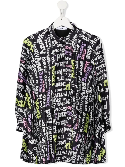 Msgm Kids' Logo Print Pleated Midi Shirt Dress In Black,multi