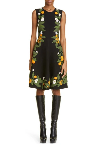 Oscar De La Renta Sleeveless Floral Print Fit & Flare Dress In Black Multi