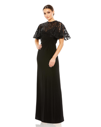 Mac Duggal Embellished Butterfly Sleeve Gown In Black