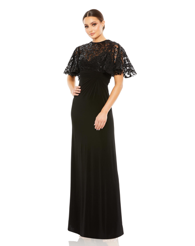 MAC DUGGAL BLACK EMBELLISHED BUTTERFLY SLEEVE GOWN