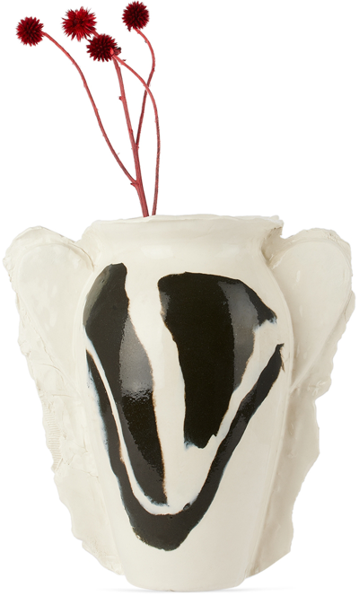 Dum Keramik Off-white Large Smiley Face Vase In Black And White