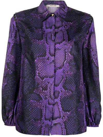 Roberto Cavalli Snake-print Silk Shirt In Purple