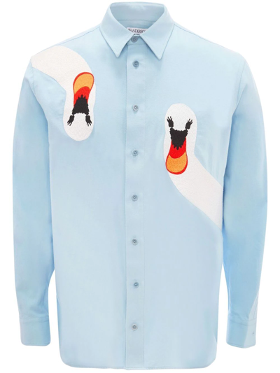 Jw Anderson Swan Brand-embroidered Relaxed-fit Cotton Shirt In Blue