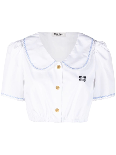 Miu Miu Lace-trim Cropped Cotton-poplin Shirt In Bianco