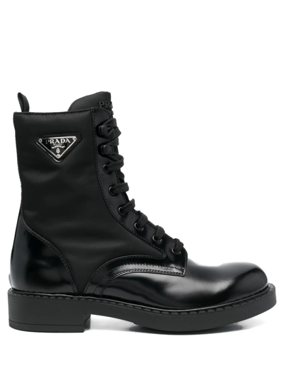 Prada Men's Nylon & Leather Triangle Logo Combat Boots In Nero