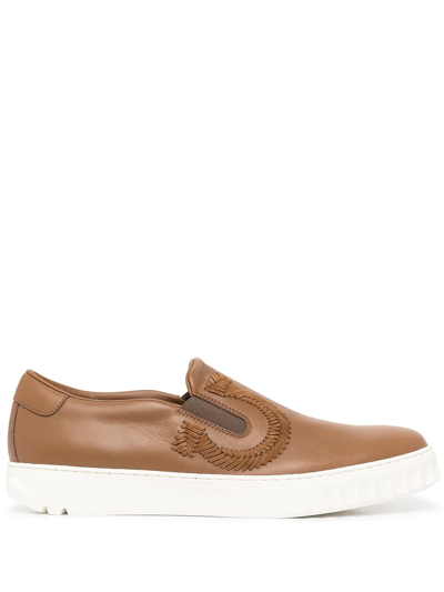 Ferragamo Suede-embroidered Slip-on Trainer In Brown