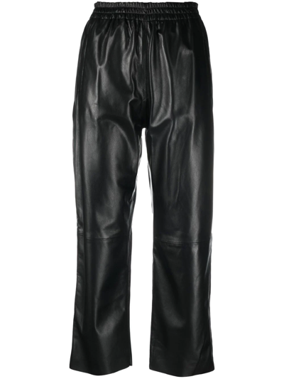 Pinko Cropped Straight-leg Leather Trousers In Black