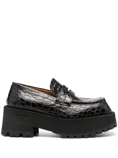 Marni Black Crocodile-effect Leather Platform Loafers