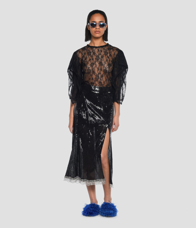 Koché Sequin Overlay Front Slit Skirt In Black