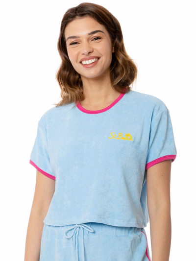 Mc2 Saint Barth Woman Cropped T-shirt With Piping In Blue