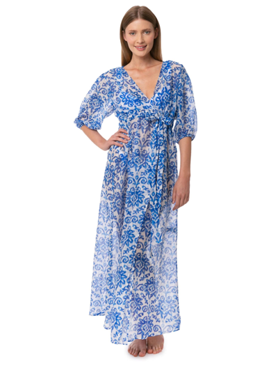 Mc2 Saint Barth Cotton And Silk Long Dress In Blue