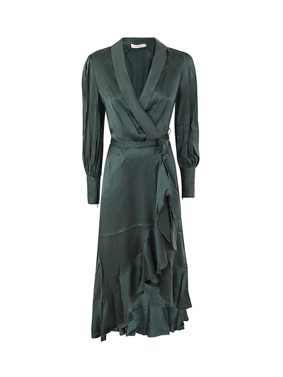 Zimmermann Asymmetric Ruffled Silk-satin Midi Wrap Dress In Green