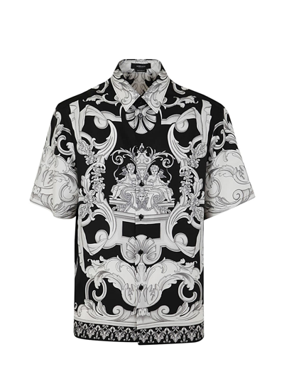 Versace Informal Shirt In Silk With Silver Baroque Print In Black