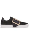 BURBERRY Buckle-embellished leather-trimmed nubuck slip-on sneakers
