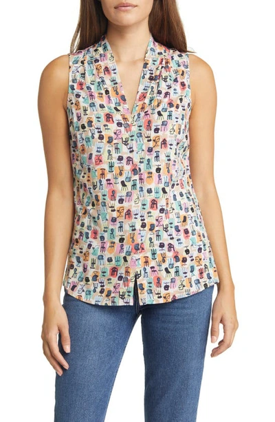Nic + Zoe Have A Seat Printed V-neck Tank In Green