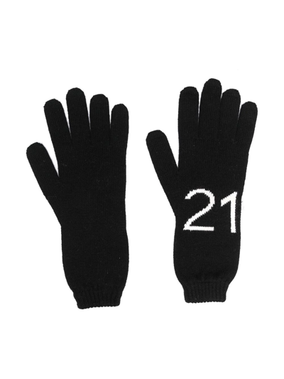 N°21 Kids' Logo Intarsia Wool Blend Gloves In Black