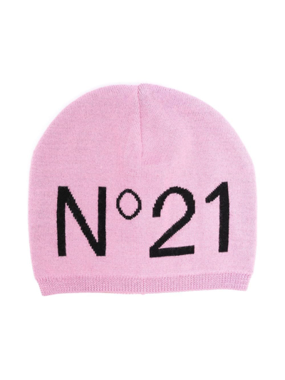 N°21 Kids' Intarsia-knit Logo Beanie Hat In Pink