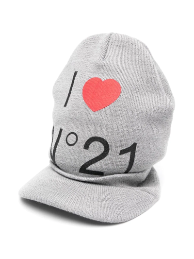 N°21 Kids' Curved-peak Logo-knit Cap In Grey