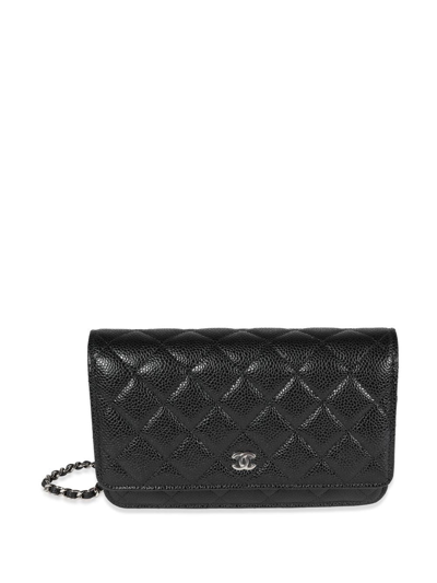 Pre-owned Chanel Cc Diamond-quilted Wallet On Chain In Black
