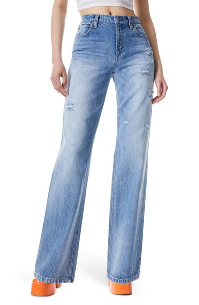 Alice And Olivia Amazing Boyfriend High Waist Distressed Wide Leg Jeans In Blue