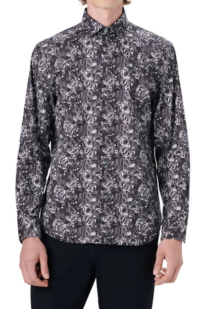 Bugatchi Shaped Fit Paisley Print Stretch Cotton Button-up Shirt In Black