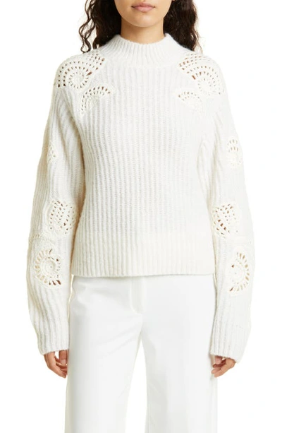 Vince Crochet Shell Accent Rib Sweater In Off White