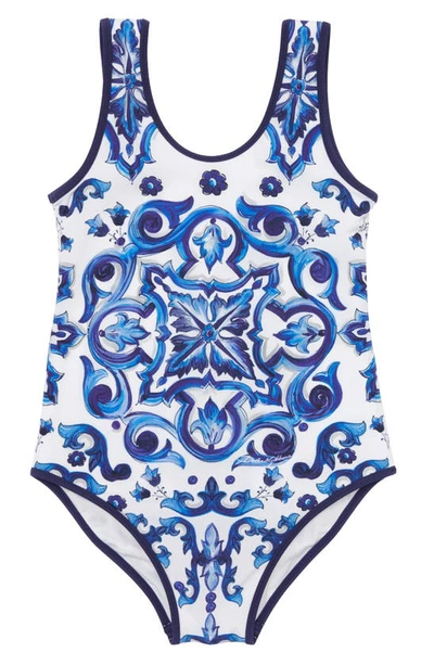 Dolce & Gabbana Kids' One Piece Swimsuit With Majolica Print In Blue