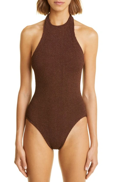 Hunza G + Net Sustain Polly Metallic Seersucker Halterneck Swimsuit In Metallic Chocolate
