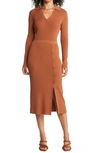 Halogen Ribbed Long Sleeve Sweater Dress In Rust Bisque