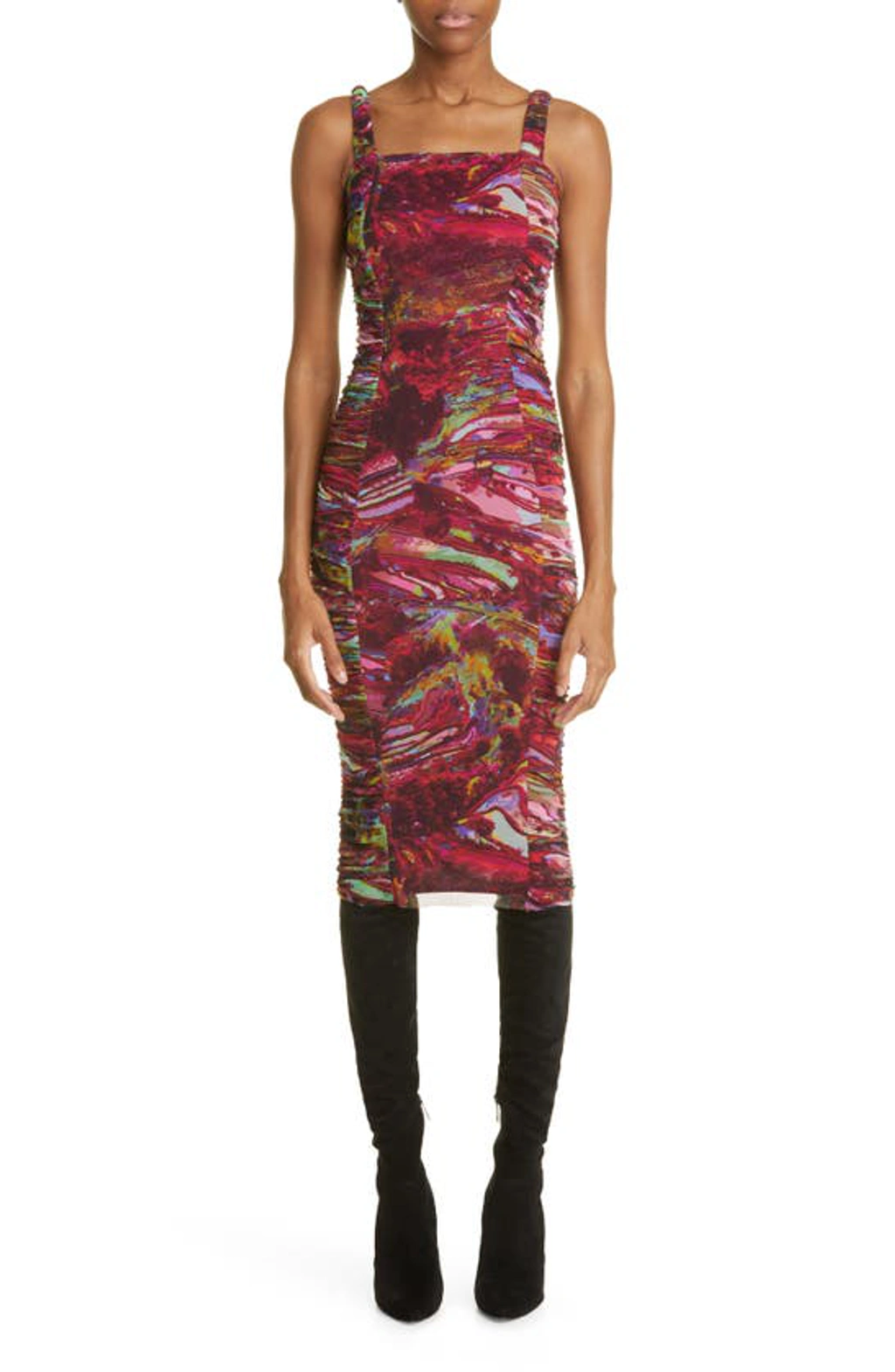 Fuzzi Ruched Tulle Bodycon Midi Dress In Vino ModeSens