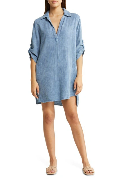 Elan Johnny Collar Cotton Cover-up Shirt In Denim