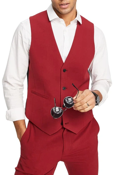 Asos Design Super Skinny Suit Waistcoat In Burgundy-red
