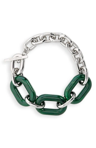 Paco Rabanne Xl Link Silver-tone And Leather Necklace In Green