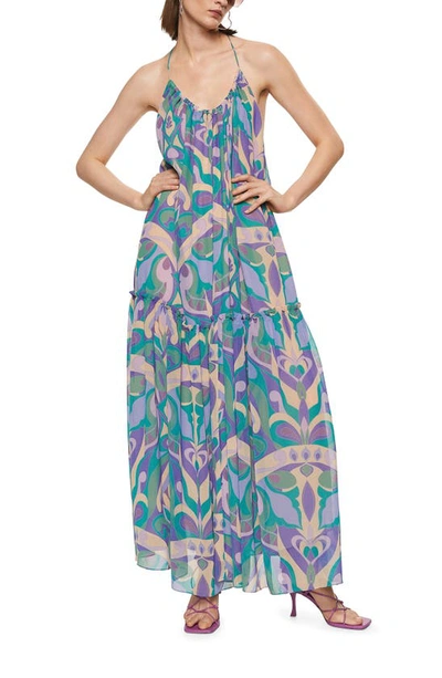 Mango Abstract Print Open Back Dress In Green